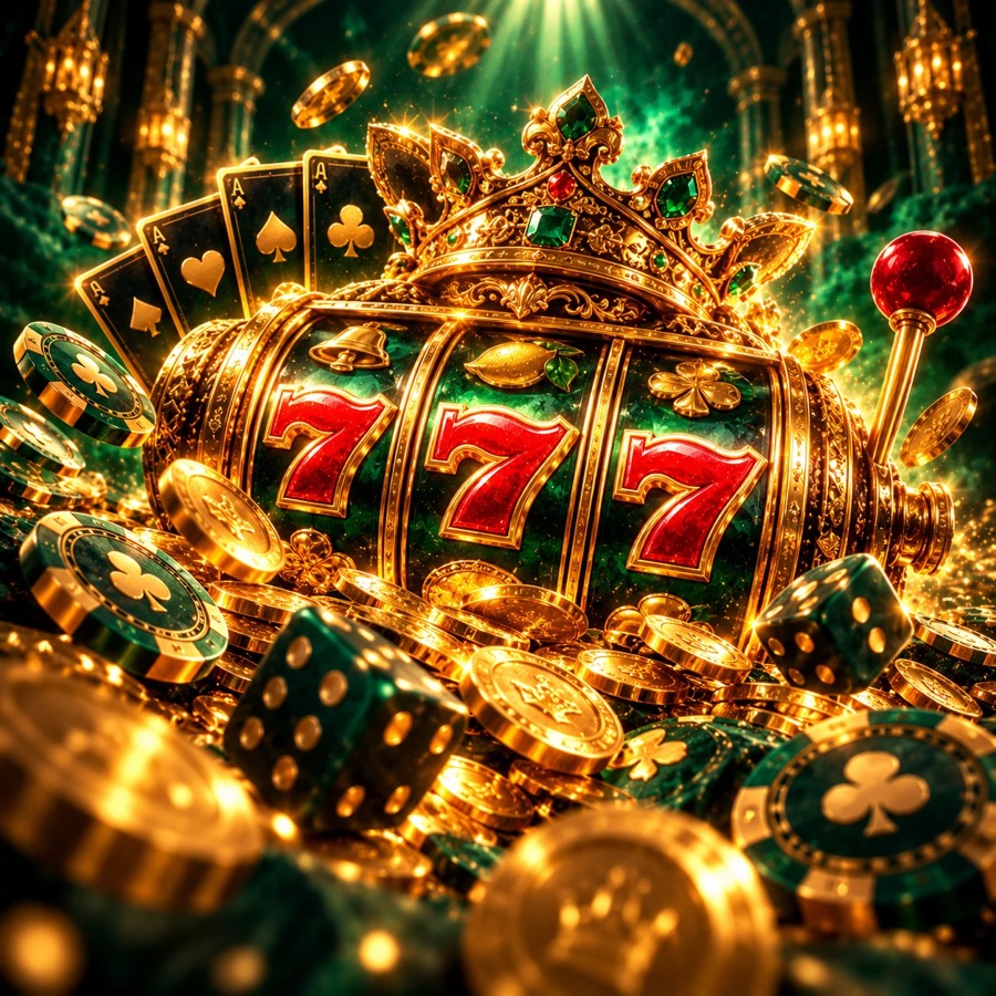 Golden slot machine with triple sevens, crown, cards and chips